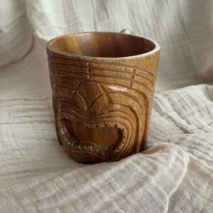Vintage Hand Carved Wooden Tiki Face Coffee Mug Cup Hawaii Bar Ware Monk
